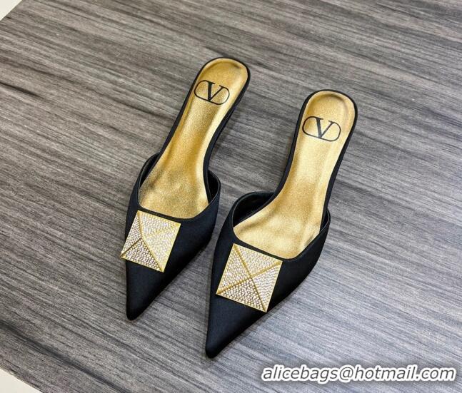 Charming Valentino One Stud Crystal Heel Mules 4cm in Satin Black 0323126