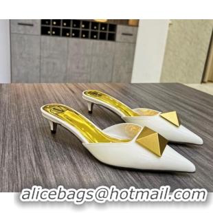 Discount Valentino One Stud Crystal Heel Mules 4cm in White Patent Leather 323127