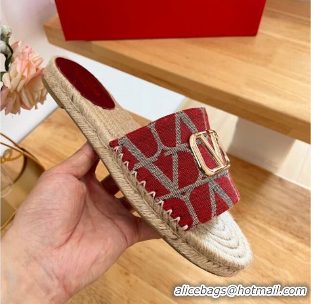 Shop Duplicate Valentino Toile Iconographe Fabric Flat Slide Sandals Red 323135