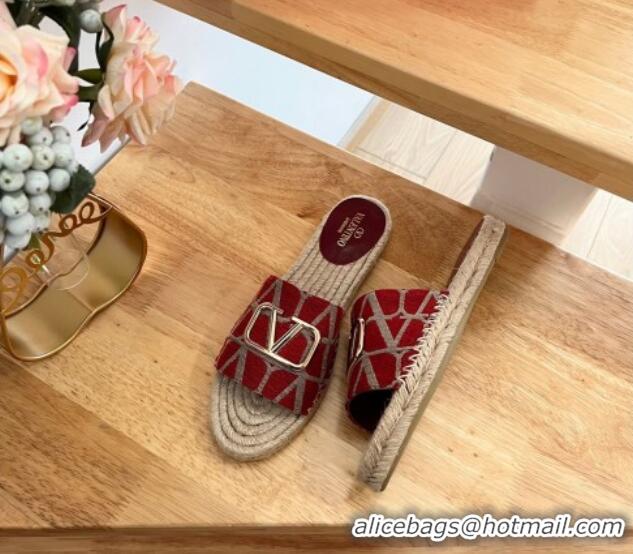 Shop Duplicate Valentino Toile Iconographe Fabric Flat Slide Sandals Red 323135