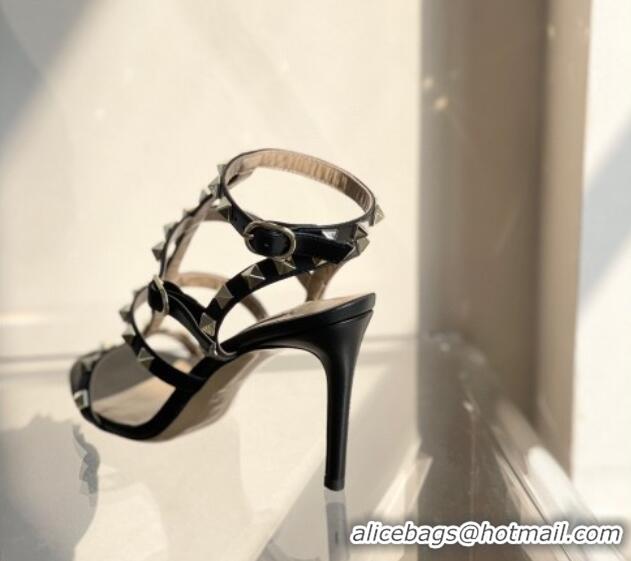 Grade Quality Valentino Rockstud Calfskin Ankle Strap Heel Sandals 8cm Black 323141