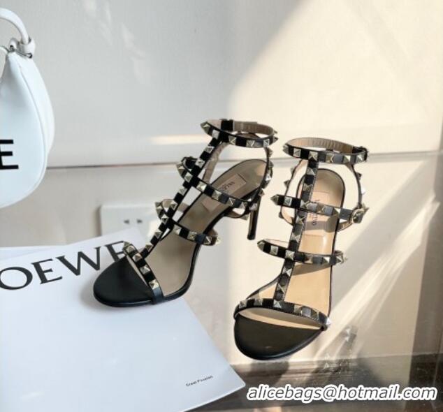 Grade Quality Valentino Rockstud Calfskin Ankle Strap Heel Sandals 8cm Black 323141