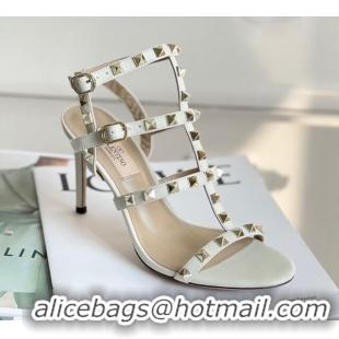 Sumptuous Valentino Rockstud Calfskin Ankle Strap Heel Sandals 8cm White 0323142