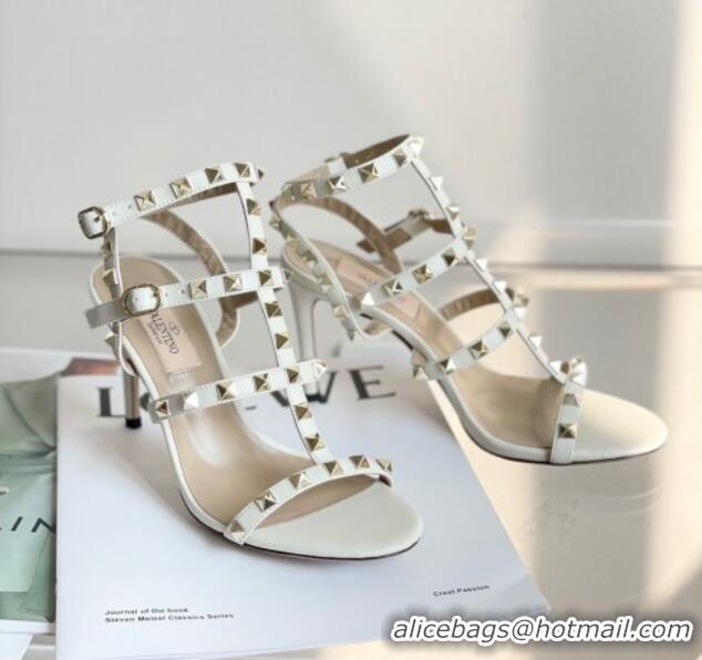 Sumptuous Valentino Rockstud Calfskin Ankle Strap Heel Sandals 8cm White 0323142