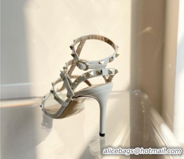 Sumptuous Valentino Rockstud Calfskin Ankle Strap Heel Sandals 8cm White 0323142