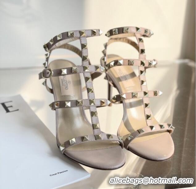 Best Grade Valentino Rockstud Calfskin Ankle Strap Heel Sandals 8cm Nude 0323143