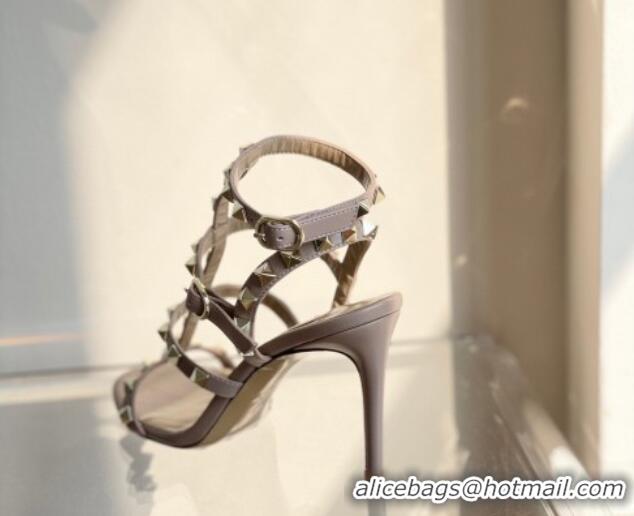 Best Grade Valentino Rockstud Calfskin Ankle Strap Heel Sandals 8cm Nude 0323143