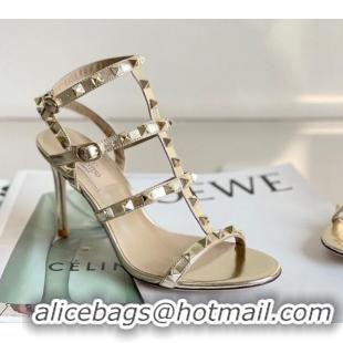 Pretty Style Valentino Rockstud Metallic Leather Ankle Strap Heel Sandals 8cm Gold 323144