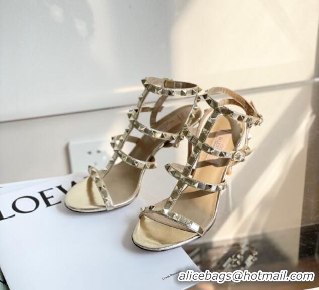 Pretty Style Valentino Rockstud Metallic Leather Ankle Strap Heel Sandals 8cm Gold 323144