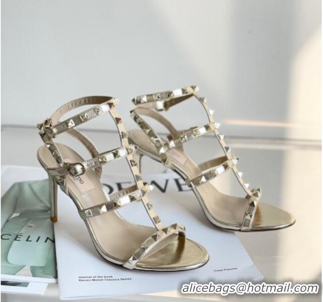 Pretty Style Valentino Rockstud Metallic Leather Ankle Strap Heel Sandals 8cm Gold 323144