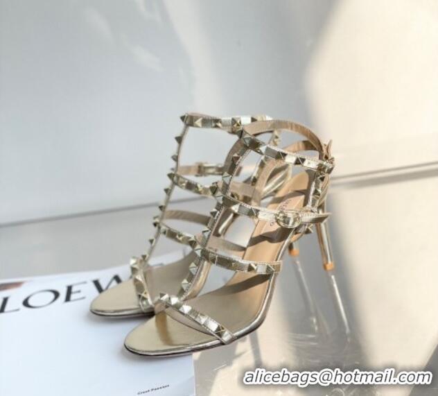 Pretty Style Valentino Rockstud Metallic Leather Ankle Strap Heel Sandals 8cm Gold 323144