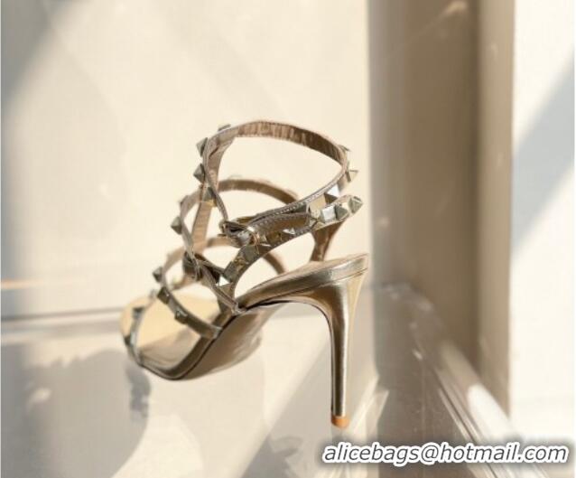 Pretty Style Valentino Rockstud Metallic Leather Ankle Strap Heel Sandals 8cm Gold 323144