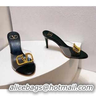 Stylish Valentino VLogo PVC Heel Slide Sandals 8cm Black/Gold 324001