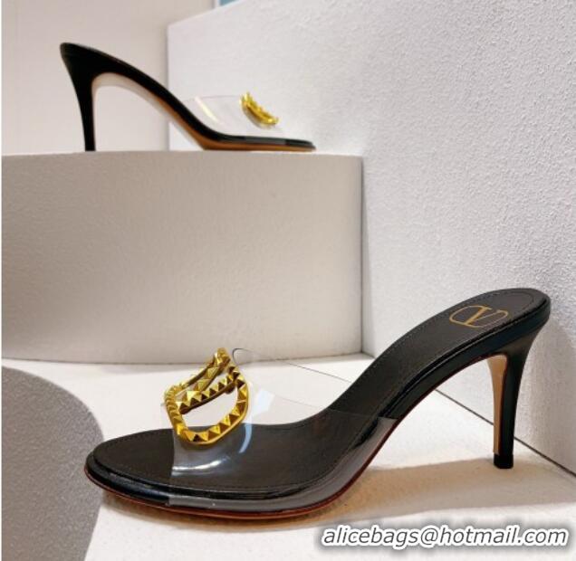 Stylish Valentino VLogo PVC Heel Slide Sandals 8cm Black/Gold 324001