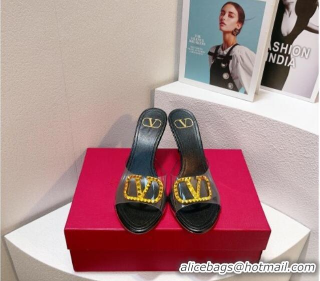 Stylish Valentino VLogo PVC Heel Slide Sandals 8cm Black/Gold 324001