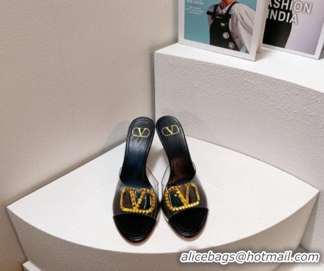 Stylish Valentino VLogo PVC Heel Slide Sandals 8cm Black/Gold 324001