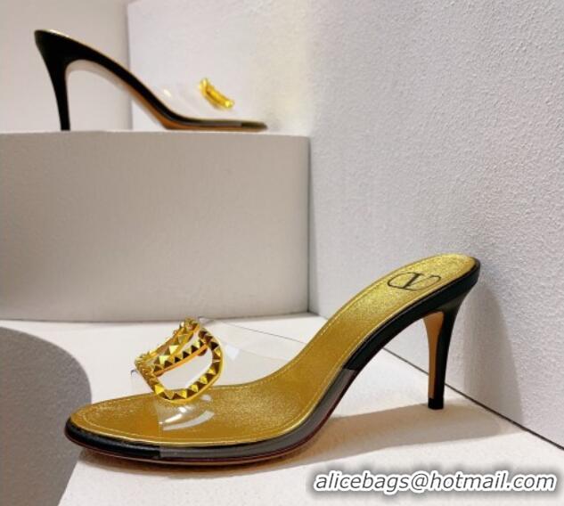 Good Looking Valentino VLogo PVC Heel Slide Sandals 8cm Gold/Black 324002