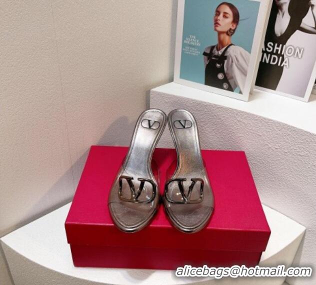 Good Quality Valentino VLogo PVC Heel Slide Sandals 8cm Grey 324003