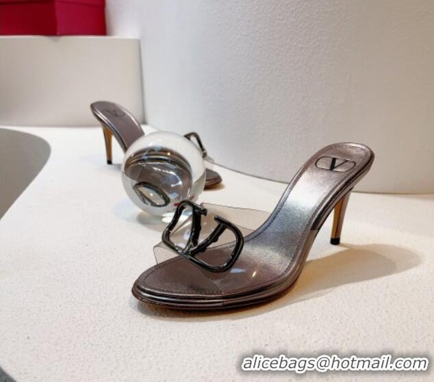 Good Quality Valentino VLogo PVC Heel Slide Sandals 8cm Grey 324003