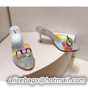 Best Product Valentino VLogo PVC Heel Slide Sandals 8cm Silver/Iridescent 324004