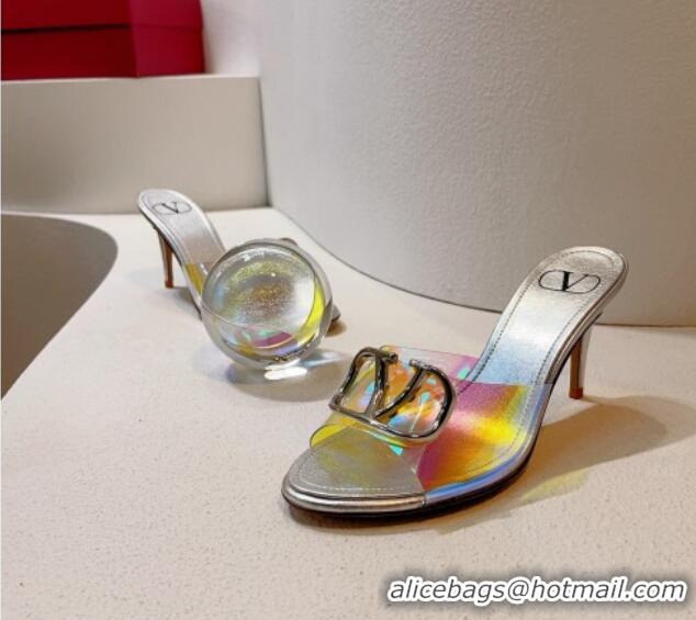 Best Product Valentino VLogo PVC Heel Slide Sandals 8cm Silver/Iridescent 324004