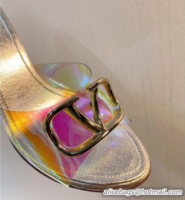 Best Product Valentino VLogo PVC Heel Slide Sandals 8cm Silver/Iridescent 324004