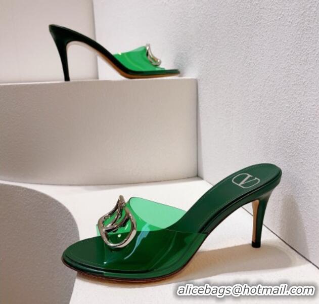 Popular Style Valentino VLogo PVC Heel Slide Sandals 8cm Dark Green 324007