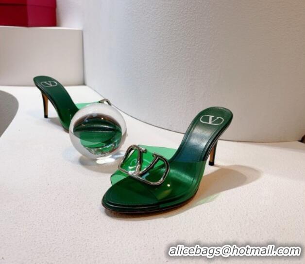 Popular Style Valentino VLogo PVC Heel Slide Sandals 8cm Dark Green 324007