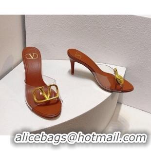 Sumptuous Valentino VLogo PVC Heel Slide Sandals 8cm Brown 324009