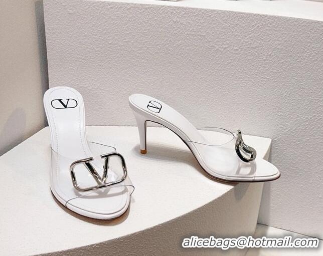 Stylish Valentino VLogo PVC Heel Slide Sandals 8cm White 324014