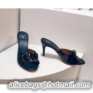 Good Quality Valentino VLogo PVC Heel Slide Sandals 8cm Black/Gunmetal 324015