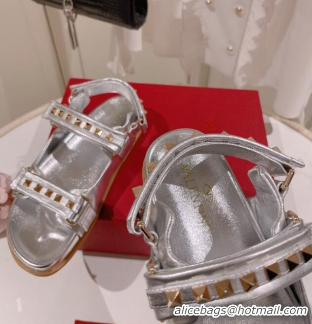 Perfect Valentino Rockstud Flat Sandals in Nappa Leather Silver 324021