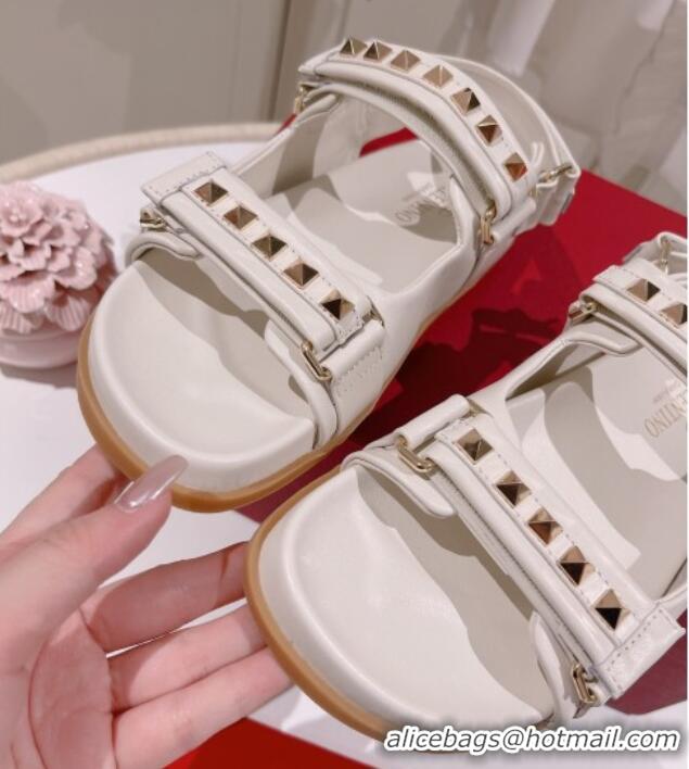 Stylish Valentino Rockstud Flat Sandals in Nappa Leather White 324022