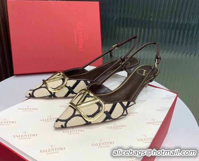 Best Price Valentino VLogo Signature Slingback Pumps 3.5cm in Toile Iconographe Fabric Beige/Black/Brown 330021