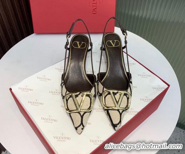 Best Price Valentino VLogo Signature Slingback Pumps 3.5cm in Toile Iconographe Fabric Beige/Black/Brown 330021