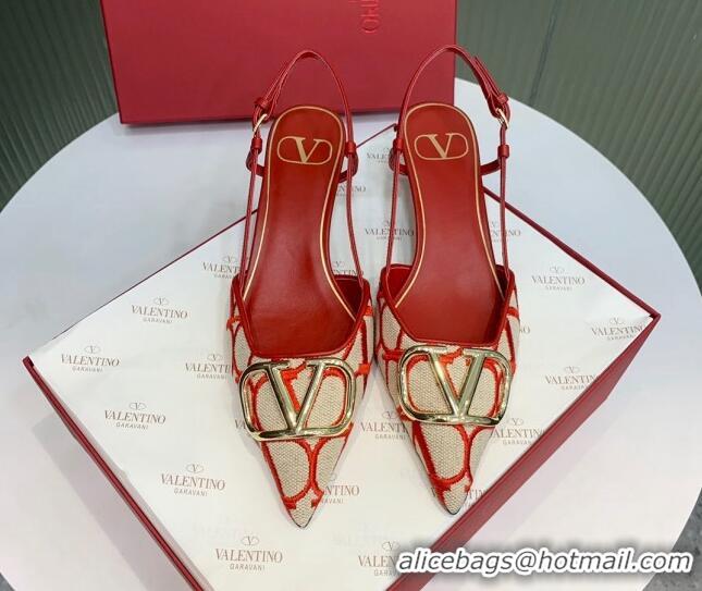 Good Looking Valentino VLogo Signature Slingback Pumps 3.5cm in Toile Iconographe Fabric Red/Beige 330022