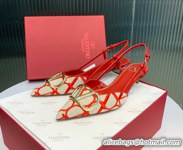 Good Looking Valentino VLogo Signature Slingback Pumps 3.5cm in Toile Iconographe Fabric Red/Beige 330022