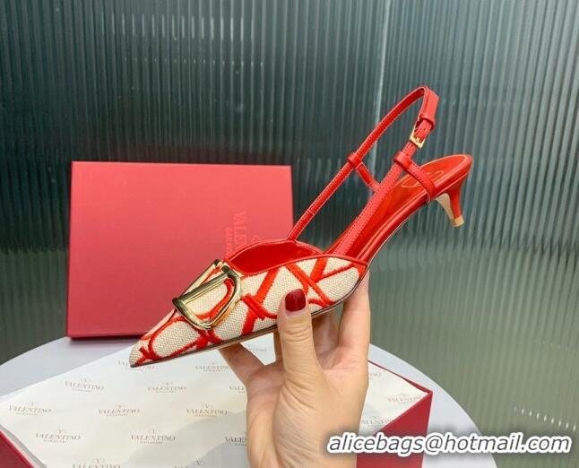 Good Looking Valentino VLogo Signature Slingback Pumps 3.5cm in Toile Iconographe Fabric Red/Beige 330022