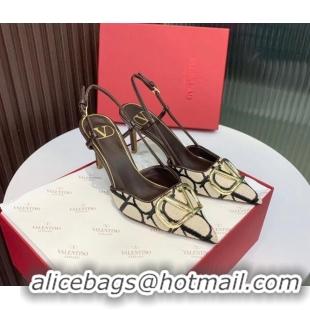 Hot Style Valentino VLogo Signature Slingback Pumps 8cm in Toile Iconographe Fabric Beige/Black/Brown 330023