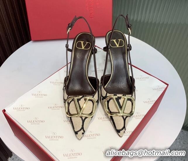 Hot Style Valentino VLogo Signature Slingback Pumps 8cm in Toile Iconographe Fabric Beige/Black/Brown 330023