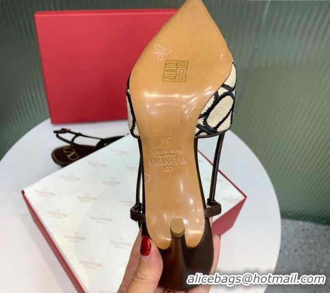 Hot Style Valentino VLogo Signature Slingback Pumps 8cm in Toile Iconographe Fabric Beige/Black/Brown 330023