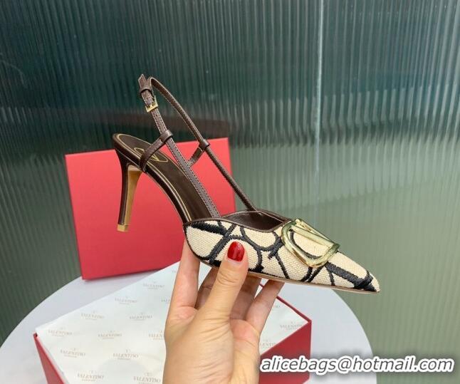 Hot Style Valentino VLogo Signature Slingback Pumps 8cm in Toile Iconographe Fabric Beige/Black/Brown 330023