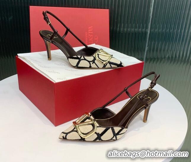 Hot Style Valentino VLogo Signature Slingback Pumps 8cm in Toile Iconographe Fabric Beige/Black/Brown 330023