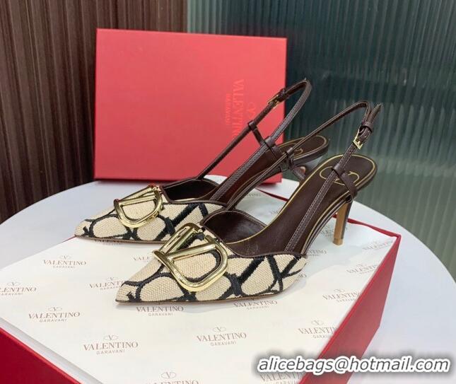 Hot Style Valentino VLogo Signature Slingback Pumps 8cm in Toile Iconographe Fabric Beige/Black/Brown 330023