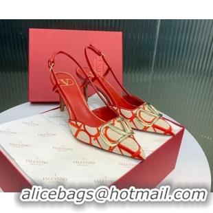 Unique Style Valentino VLogo Signature Slingback Pumps 8cm in Toile Iconographe Fabric Beige/Red 330024