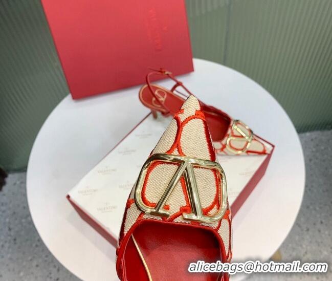 Unique Style Valentino VLogo Signature Slingback Pumps 8cm in Toile Iconographe Fabric Beige/Red 330024