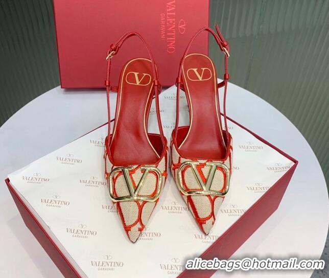 Unique Style Valentino VLogo Signature Slingback Pumps 8cm in Toile Iconographe Fabric Beige/Red 330024