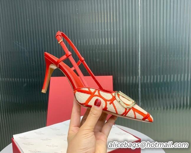 Unique Style Valentino VLogo Signature Slingback Pumps 8cm in Toile Iconographe Fabric Beige/Red 330024