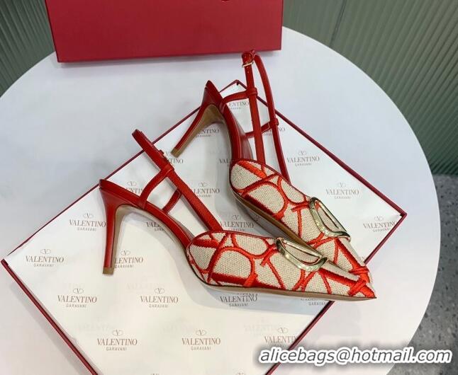 Unique Style Valentino VLogo Signature Slingback Pumps 8cm in Toile Iconographe Fabric Beige/Red 330024