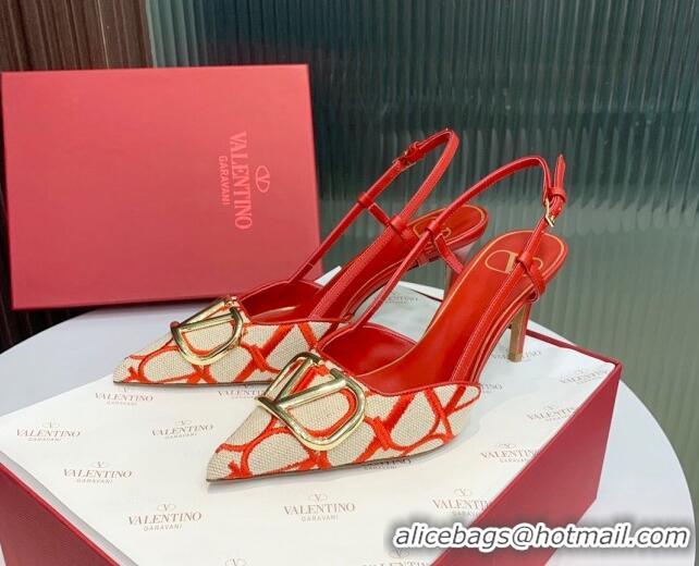 Unique Style Valentino VLogo Signature Slingback Pumps 8cm in Toile Iconographe Fabric Beige/Red 330024